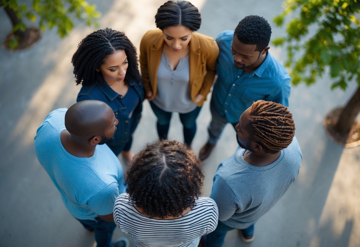 Cinco pessoas diversas em pé próximas em círculo, vistas de cima, em um parque urbano com árvores ao fundo.