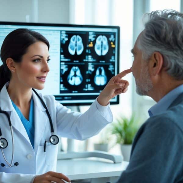 Médica explicando um exame de imagem para um paciente em um consultório moderno.