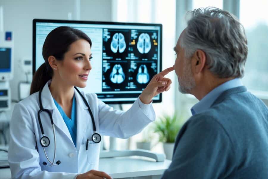 Médica explicando um exame de imagem para um paciente em um consultório moderno.