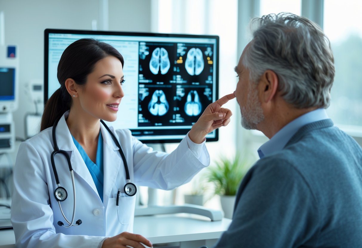 Médica explicando um exame de imagem para um paciente em um consultório moderno.