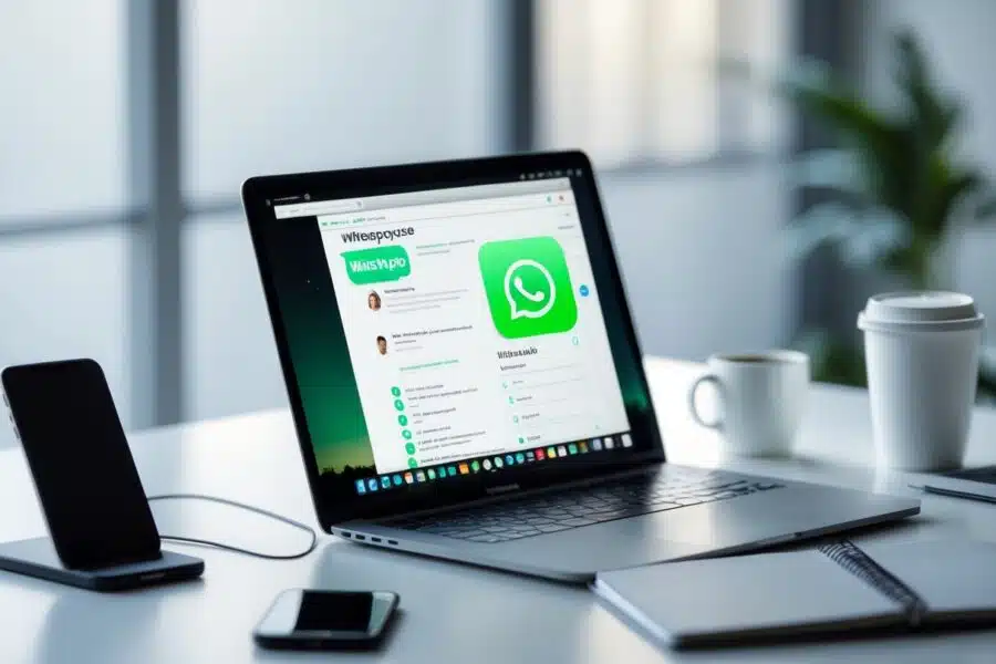Mesa de trabalho moderna com um laptop exibindo a interface do WhatsApp Web, cercado por acessórios de escritório organizados.