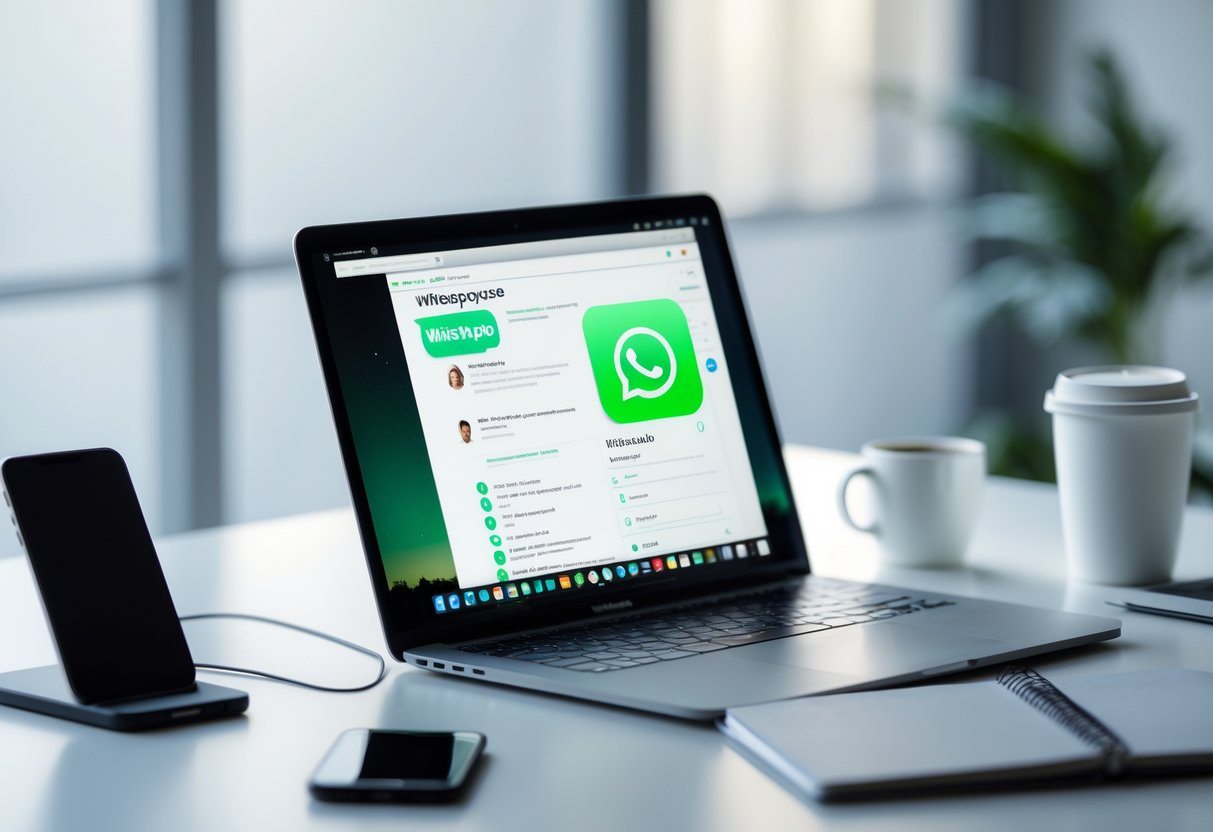 Mesa de trabalho moderna com um laptop exibindo a interface do WhatsApp Web, cercado por acessórios de escritório organizados.