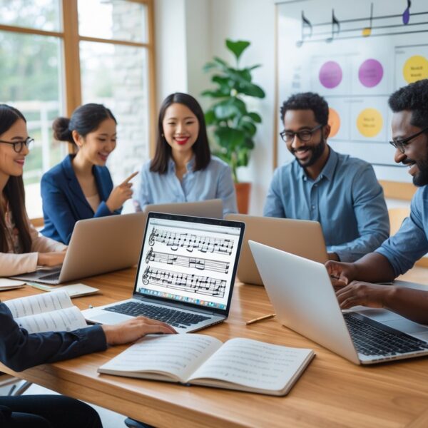 Grupo de pessoas colaborando em um escritório moderno, com partituras e laptops sobre a mesa, discutindo música e tradução.