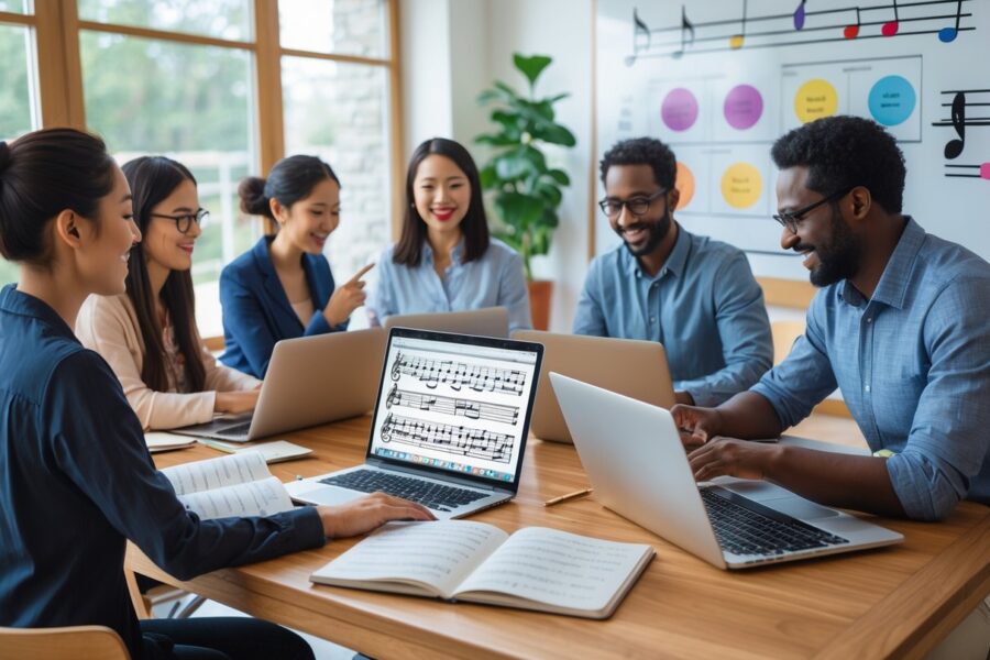 Grupo de pessoas colaborando em um escritório moderno, com partituras e laptops sobre a mesa, discutindo música e tradução.