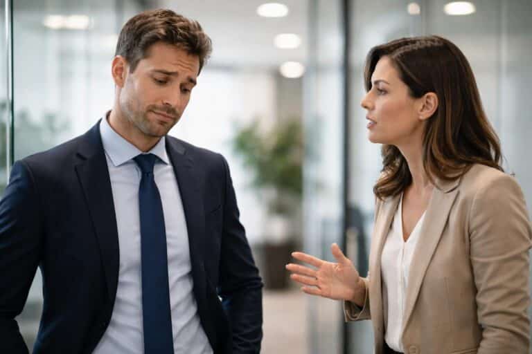 Um homem orgulhoso com expressão ferida olhando para baixo enquanto uma mulher fala com firmeza em um escritório moderno.