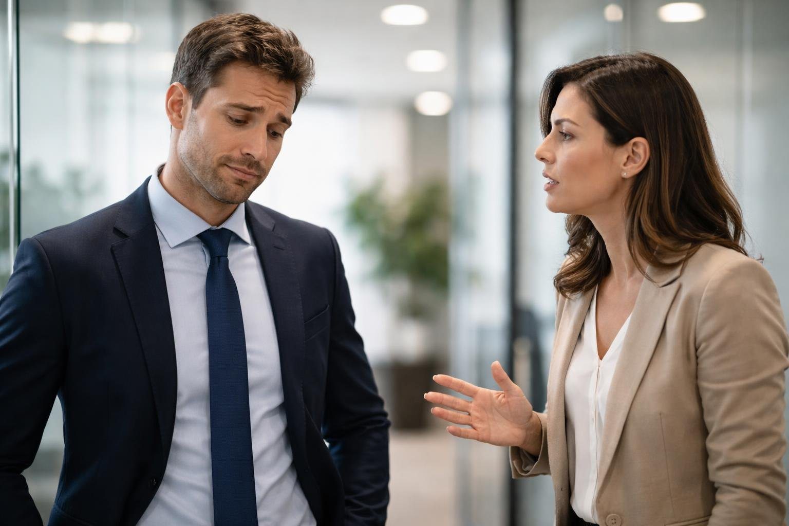 Um homem orgulhoso com expressão ferida olhando para baixo enquanto uma mulher fala com firmeza em um escritório moderno.
