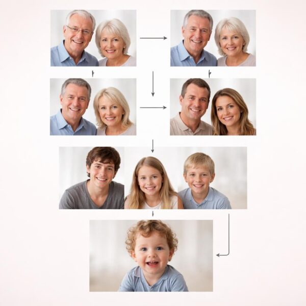 Ilustração de uma árvore genealógica mostrando várias gerações de uma família conectadas entre si.