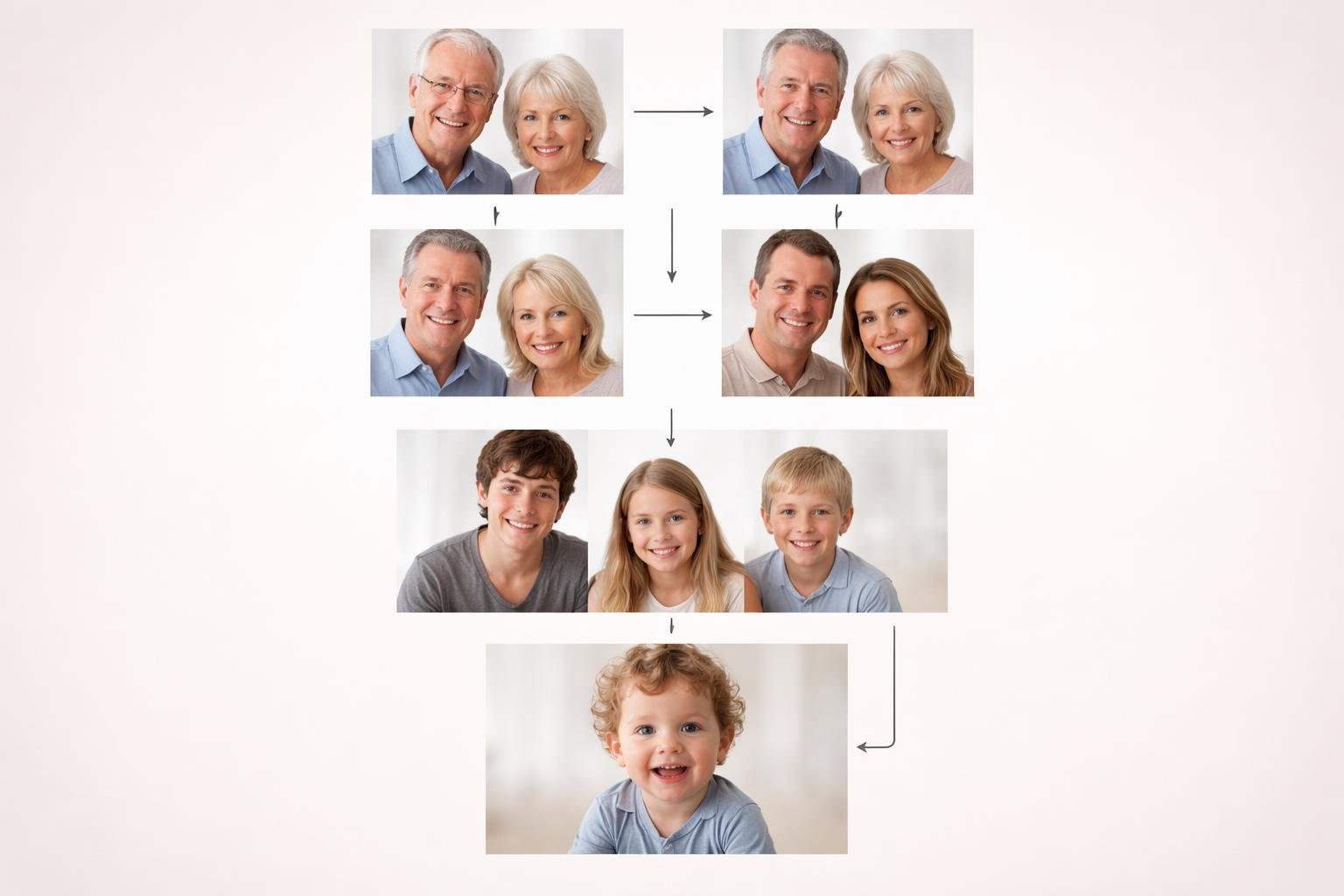 Ilustração de uma árvore genealógica mostrando várias gerações de uma família conectadas entre si.