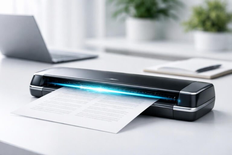 Um scanner futurista e elegante escaneando um documento em uma mesa de escritório moderna e limpa.