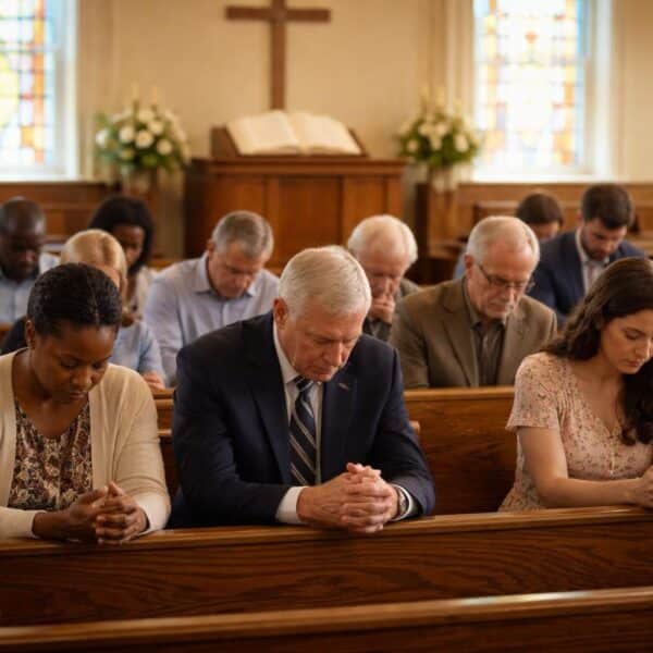 Pessoas em um banco de igreja Batista, rezando com respeito e modéstia em um ambiente simples e iluminado por vitrais.