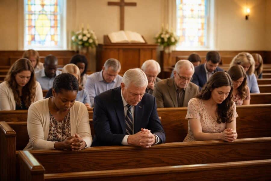 Pessoas em um banco de igreja Batista, rezando com respeito e modéstia em um ambiente simples e iluminado por vitrais.