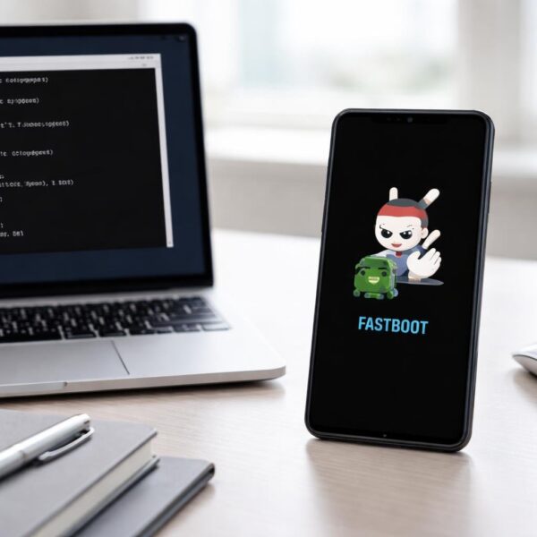 Um smartphone Xiaomi em modo fastboot sobre uma mesa com um laptop exibindo progresso de um processo técnico, em um ambiente de trabalho organizado.
