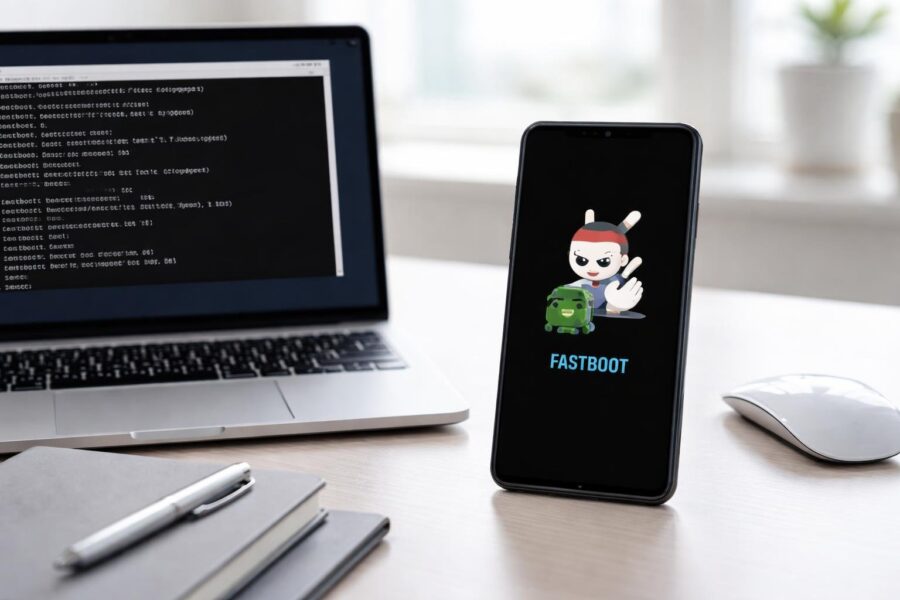 Um smartphone Xiaomi em modo fastboot sobre uma mesa com um laptop exibindo progresso de um processo técnico, em um ambiente de trabalho organizado.