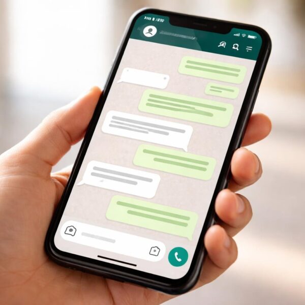 Pessoa segurando um smartphone mostrando uma conversa no WhatsApp.