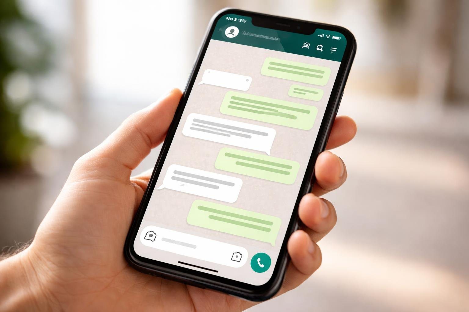 Pessoa segurando um smartphone mostrando uma conversa no WhatsApp.