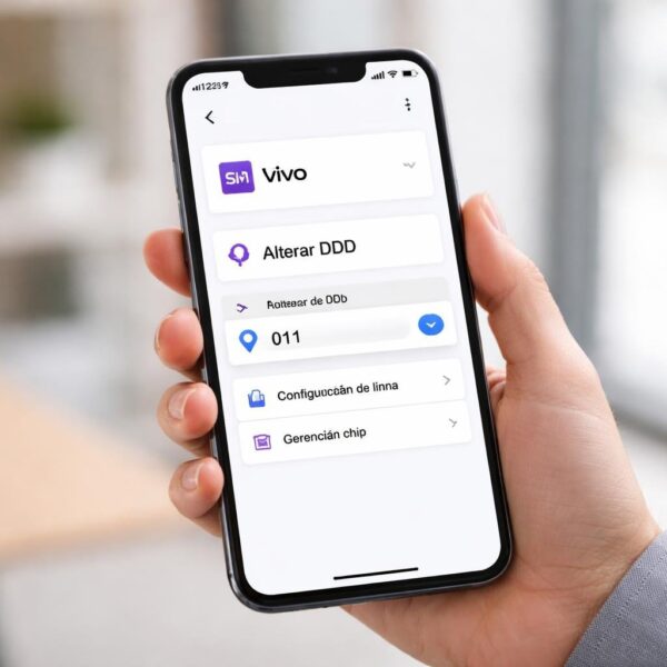 Pessoa segurando um smartphone mostrando a tela de configurações do chip Vivo para alterar o DDD.