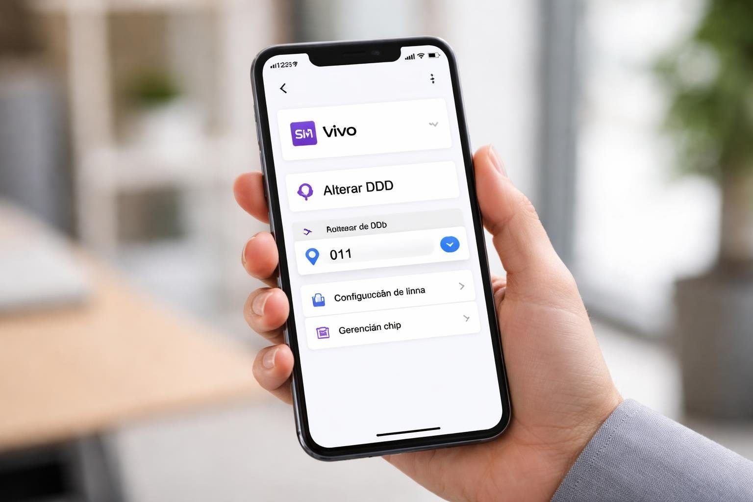 Pessoa segurando um smartphone mostrando a tela de configurações do chip Vivo para alterar o DDD.