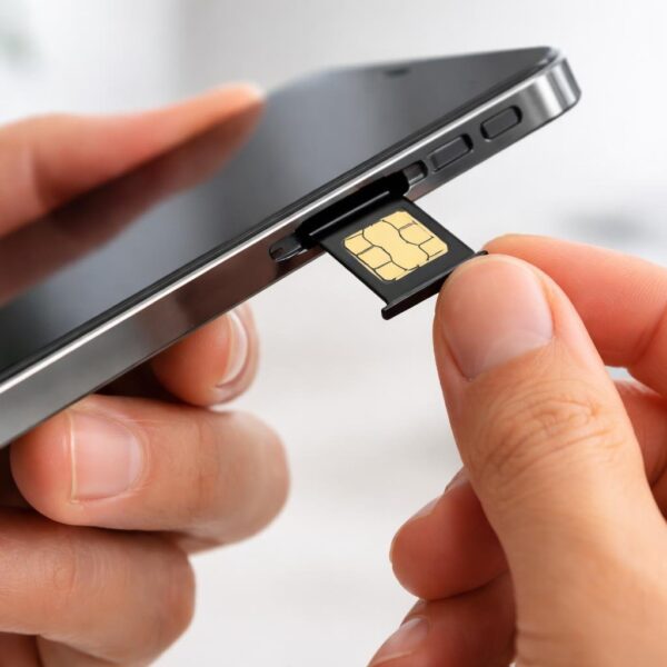 Pessoa segurando um smartphone com o compartimento do chip parcialmente aberto, inserindo ou retirando um chip.
