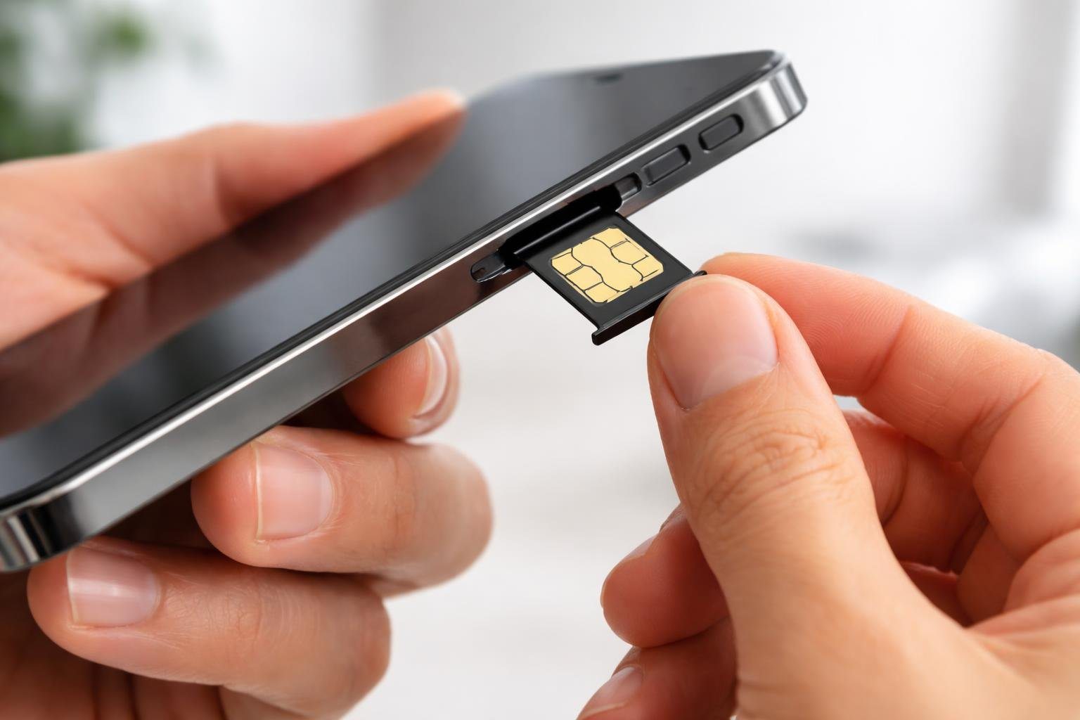 Pessoa segurando um smartphone com o compartimento do chip parcialmente aberto, inserindo ou retirando um chip.