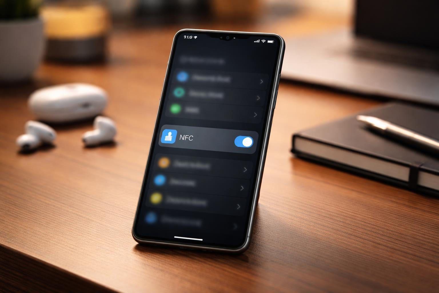 Smartphone moderno em uma mesa de madeira com a opção NFC ativada na tela, cercado por acessórios de tecnologia.