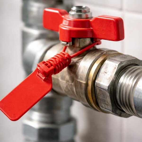 Close-up de um lacre vermelho de corte de água preso a um cano metálico.