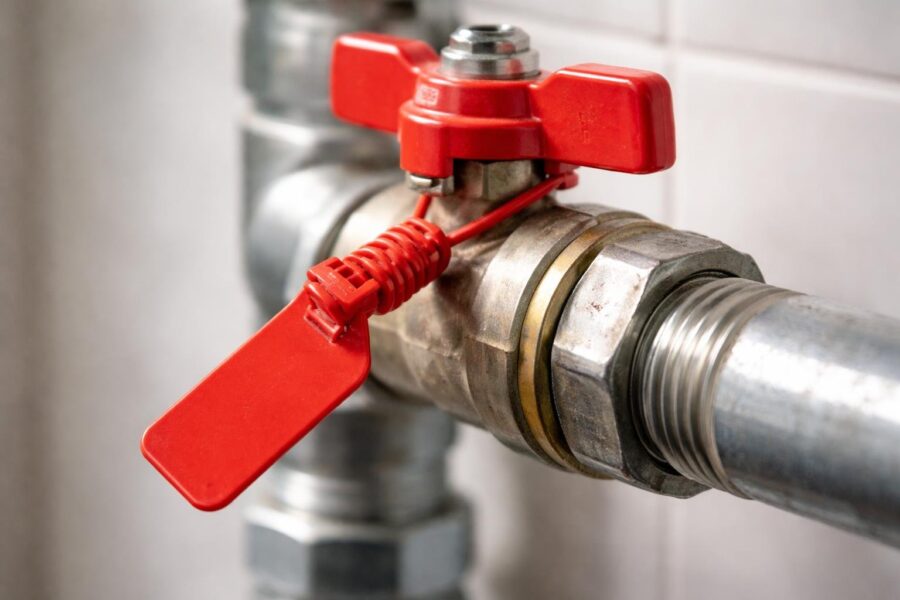 Close-up de um lacre vermelho de corte de água preso a um cano metálico.