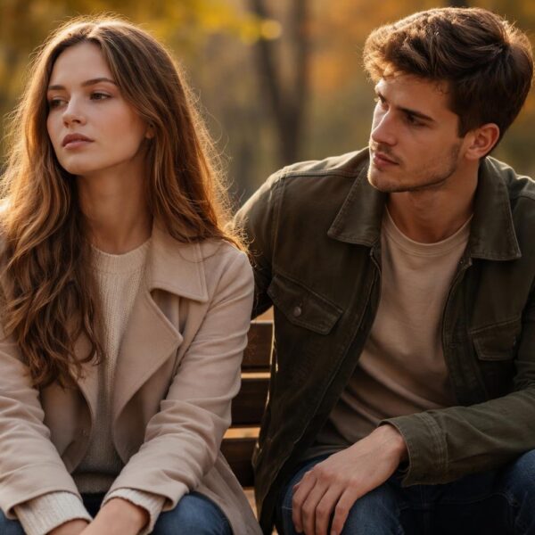 Um casal jovem sentado em um banco de parque, a mulher olhando para longe com expressão indiferente e o homem olhando para ela com preocupação.