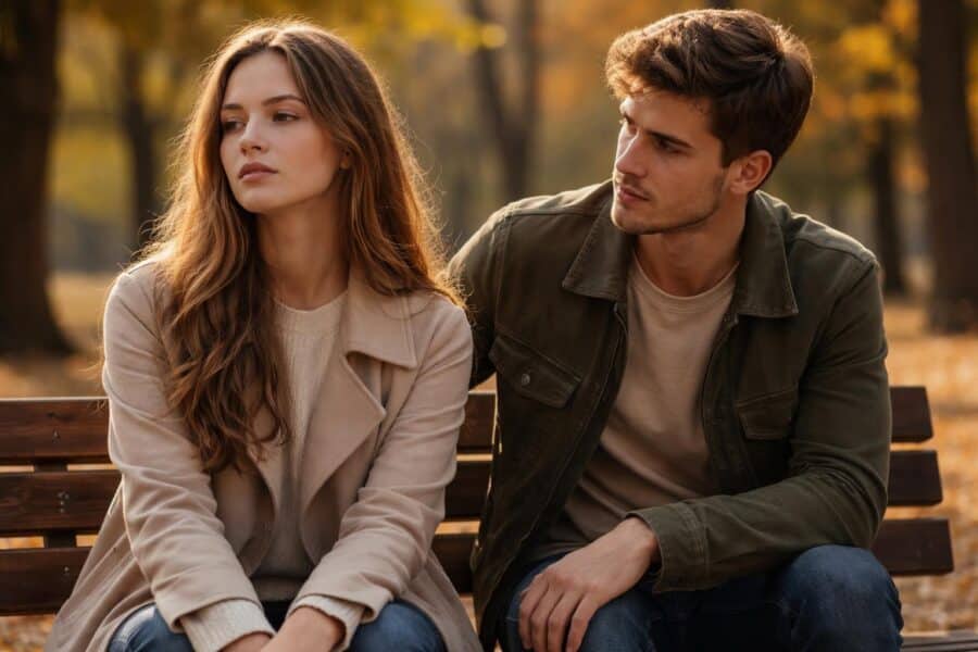 Um casal jovem sentado em um banco de parque, a mulher olhando para longe com expressão indiferente e o homem olhando para ela com preocupação.