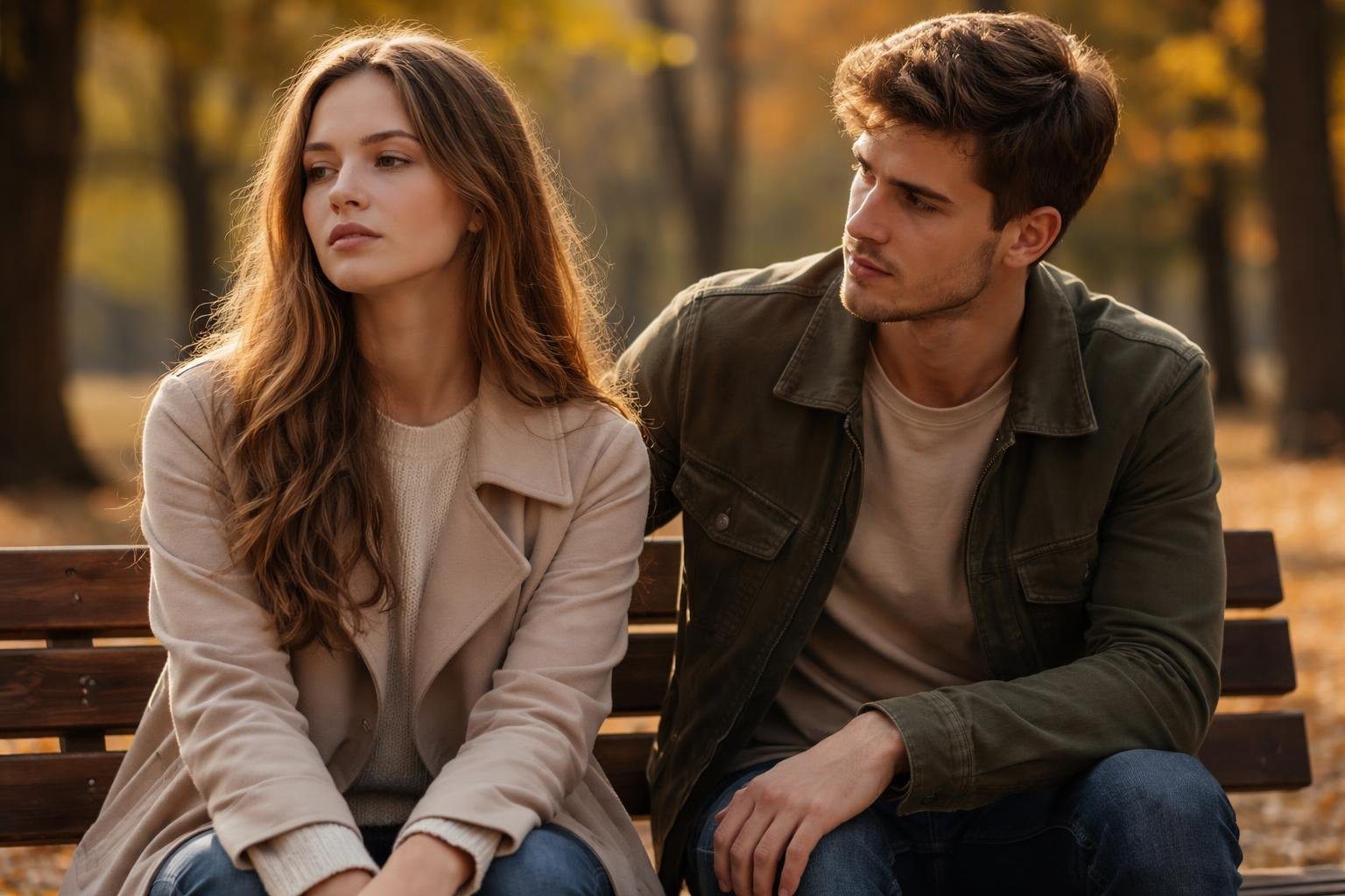 Um casal jovem sentado em um banco de parque, a mulher olhando para longe com expressão indiferente e o homem olhando para ela com preocupação.