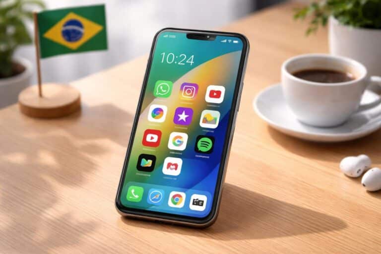 Um smartphone moderno brasileiro sobre uma mesa de madeira com a tela ligada mostrando ícones de aplicativos coloridos.