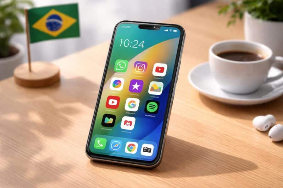 Um smartphone moderno brasileiro sobre uma mesa de madeira com a tela ligada mostrando ícones de aplicativos coloridos.