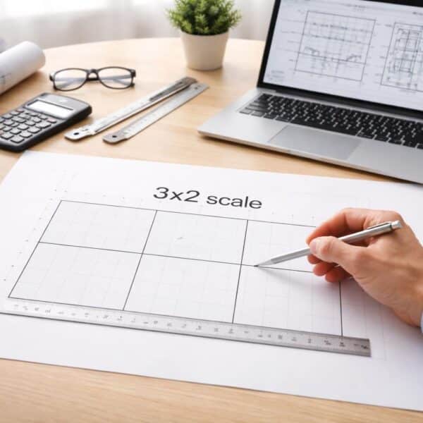 Mão apontando para um desenho técnico com uma grade de escala 3x2 em uma mesa com ferramentas de medição.