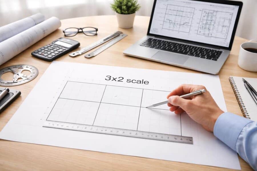 Mão apontando para um desenho técnico com uma grade de escala 3x2 em uma mesa com ferramentas de medição.