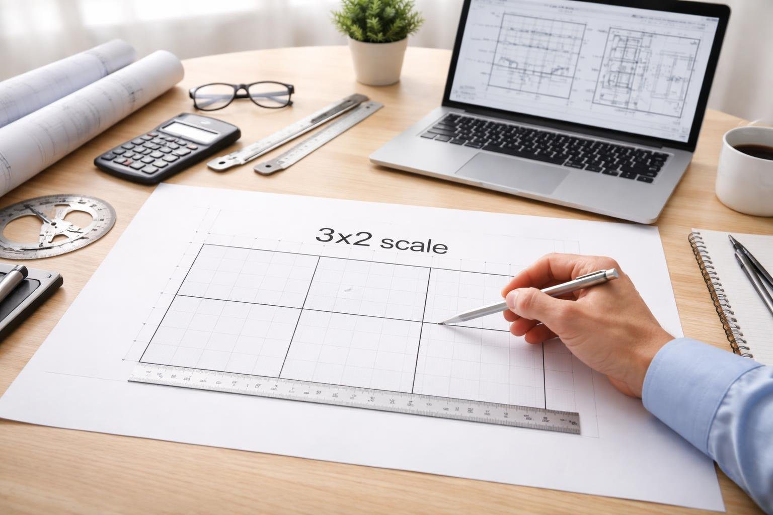 Mão apontando para um desenho técnico com uma grade de escala 3x2 em uma mesa com ferramentas de medição.