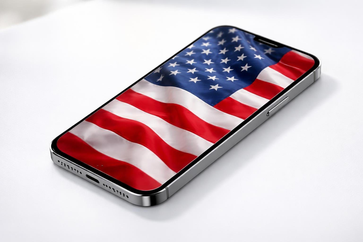 Um iPhone moderno com a tela exibindo a bandeira americana, sobre uma superfície branca limpa.