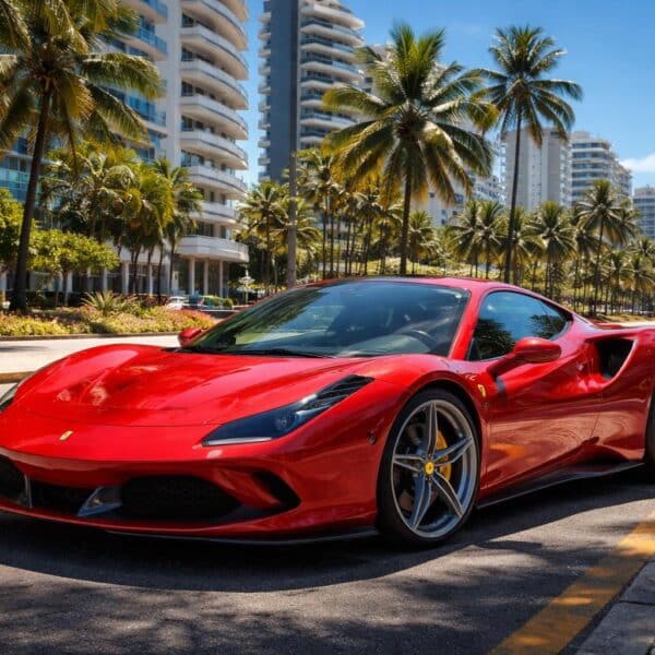 Um carro esportivo vermelho da Ferrari estacionado em uma rua ensolarada de uma cidade brasileira com prédios modernos e palmeiras ao fundo.