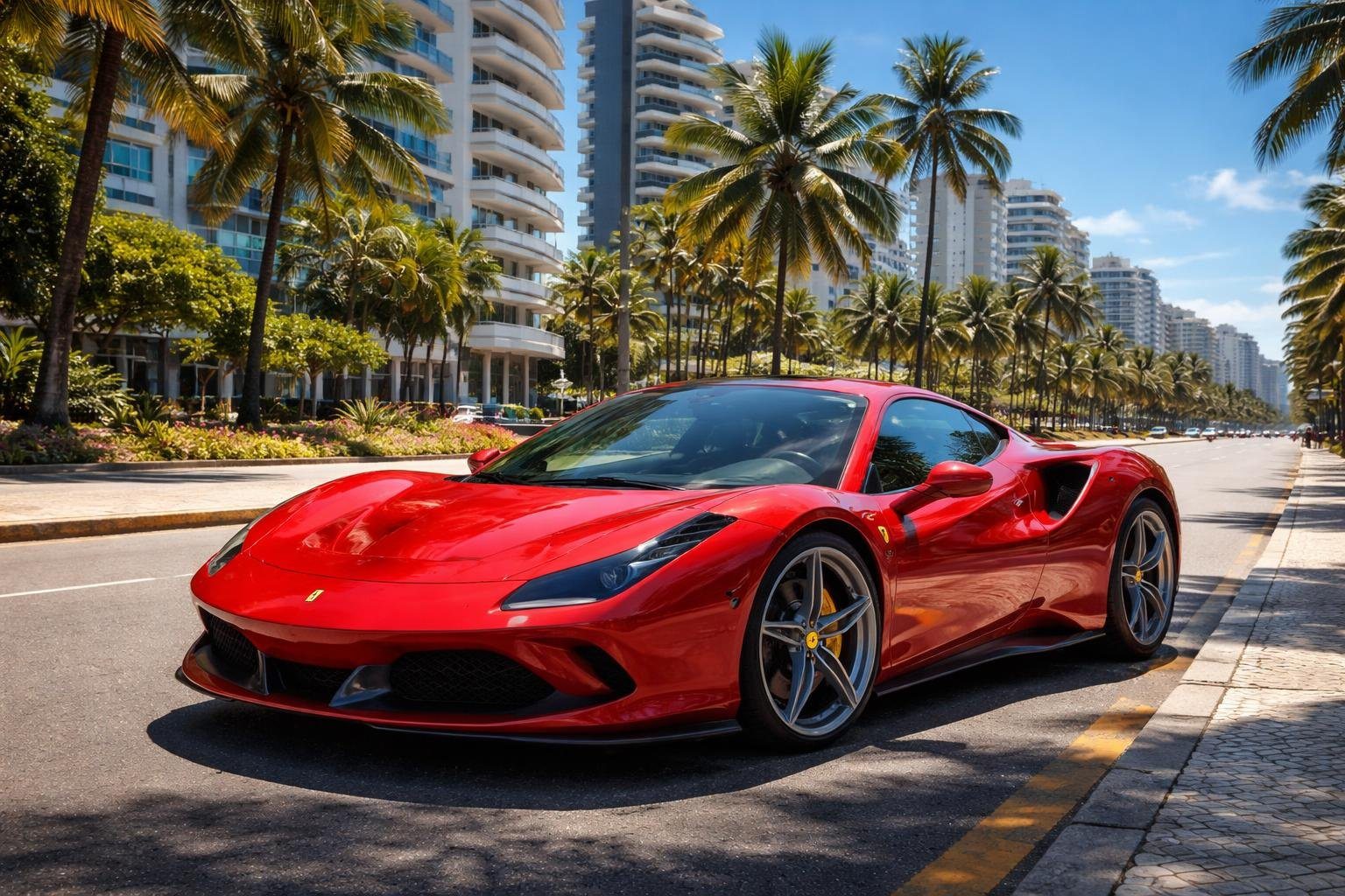 Um carro esportivo vermelho da Ferrari estacionado em uma rua ensolarada de uma cidade brasileira com prédios modernos e palmeiras ao fundo.
