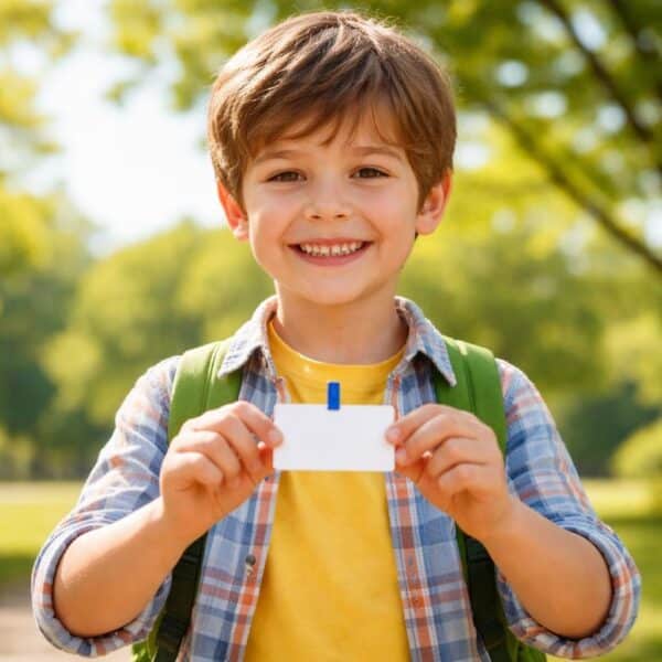 Um menino sorridente segurando um crachá em um parque ensolarado com árvores verdes ao fundo.