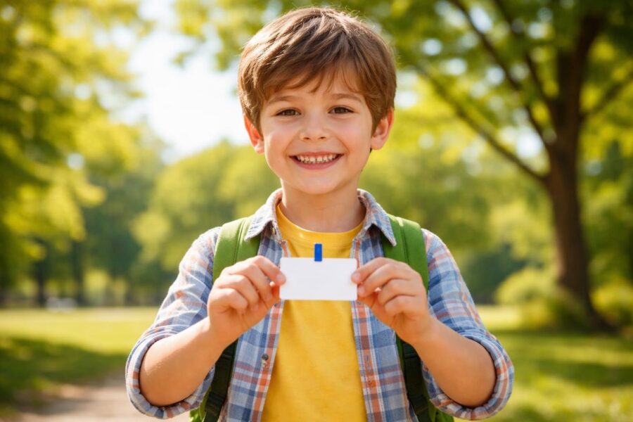 Um menino sorridente segurando um crachá em um parque ensolarado com árvores verdes ao fundo.