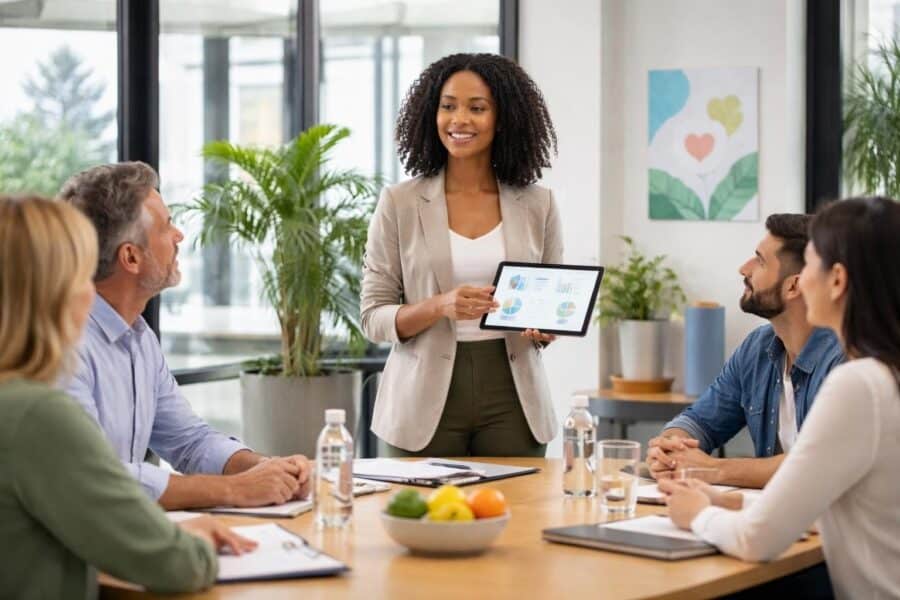 Grupo de profissionais em uma reunião de negócios em um escritório moderno, discutindo em volta de uma mesa de conferência.