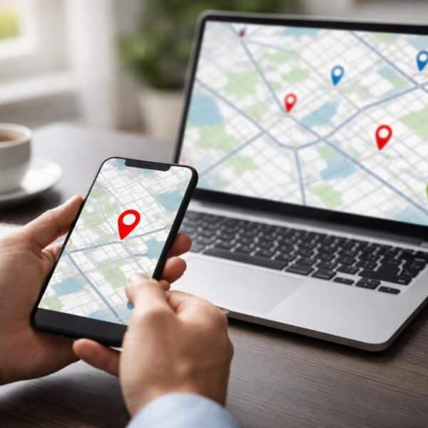 Pessoa segurando um smartphone mostrando um mapa com um marcador de localização, com um laptop aberto exibindo um mapa digital, em uma mesa de escritório.