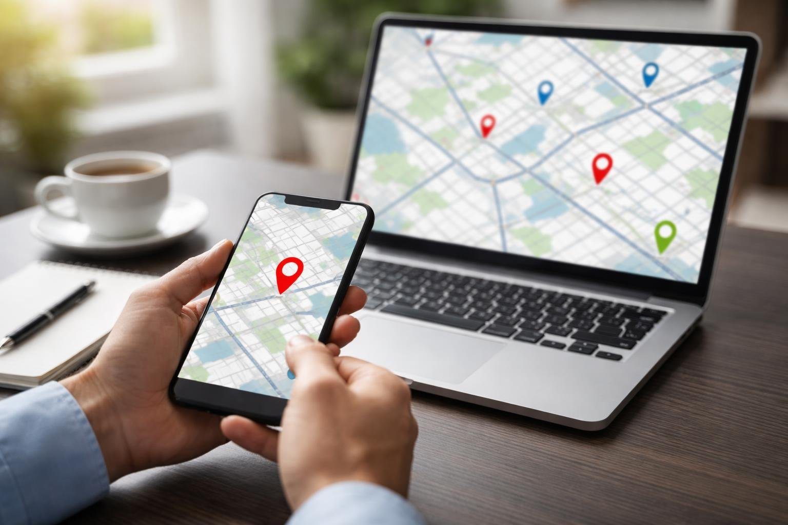 Pessoa segurando um smartphone mostrando um mapa com um marcador de localização, com um laptop aberto exibindo um mapa digital, em uma mesa de escritório.
