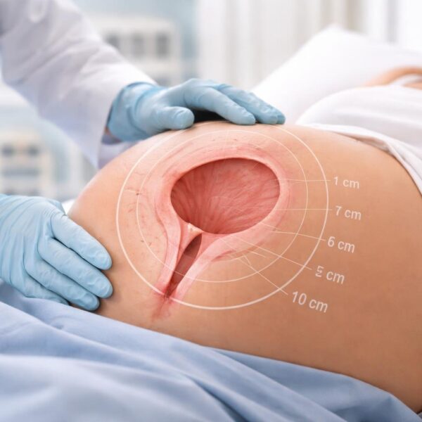 Profissional de saúde examinando a barriga de uma mulher grávida em ambiente hospitalar.