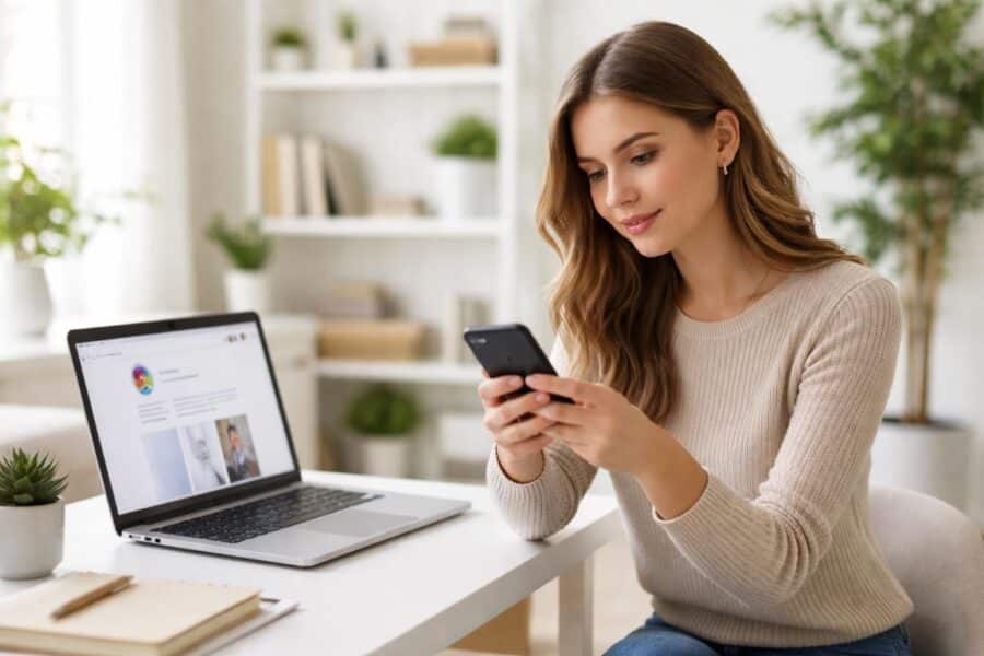 Mulher jovem sentada em uma mesa moderna, segurando um smartphone e olhando para a tela, com um laptop aberto mostrando o aplicativo do Instagram em um ambiente iluminado e organizado.