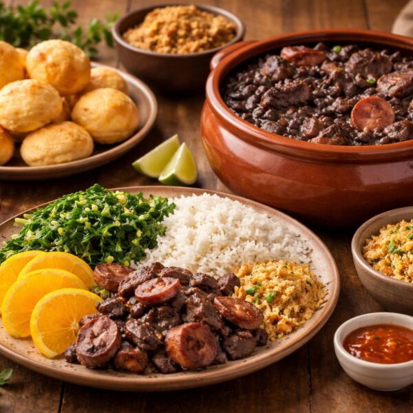 Mesa com comida típica da região sudeste do Brasil, incluindo feijoada com arroz, couve, laranja, farofa e pão de queijo.