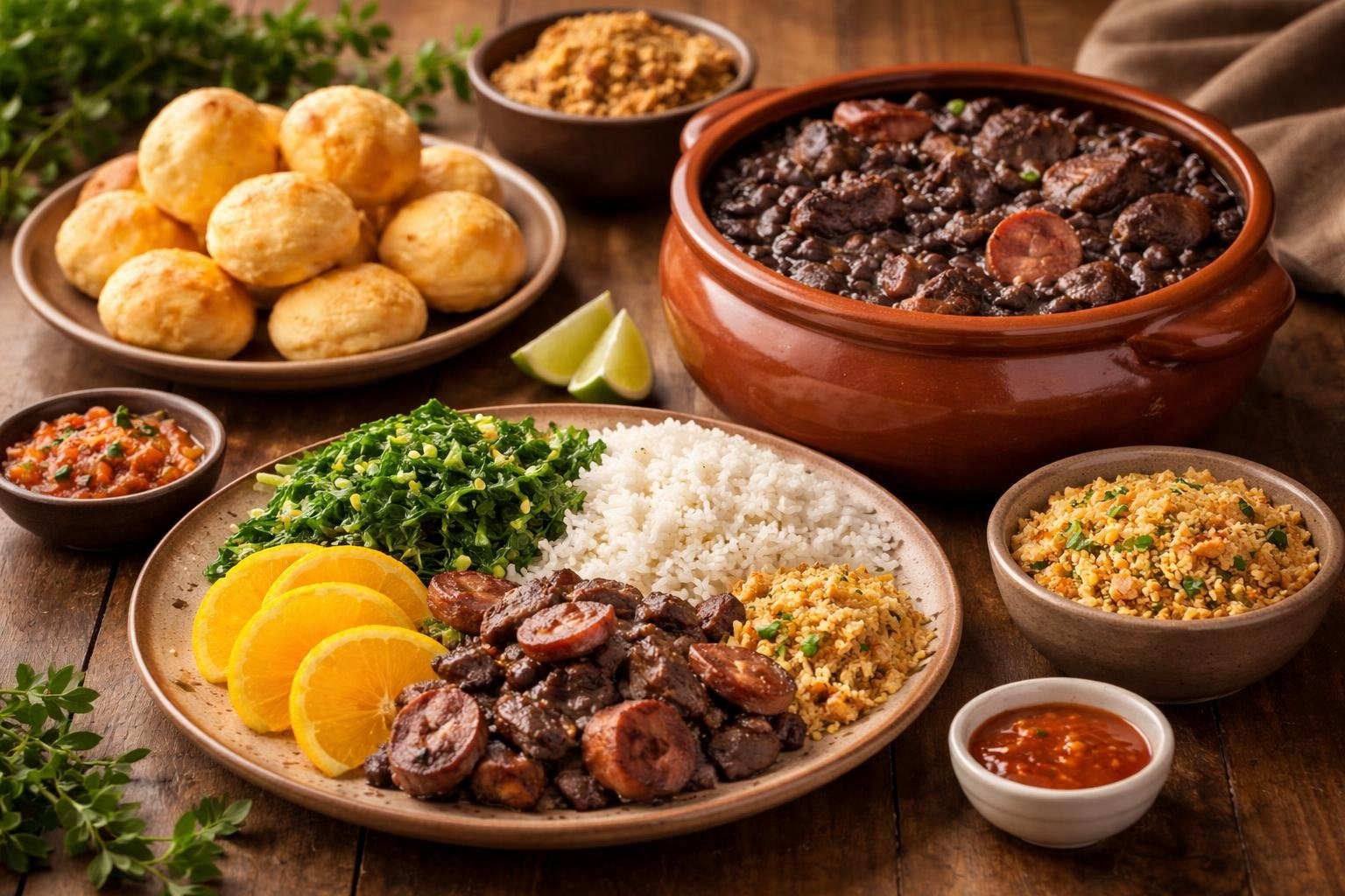 Mesa com comida típica da região sudeste do Brasil, incluindo feijoada com arroz, couve, laranja, farofa e pão de queijo.