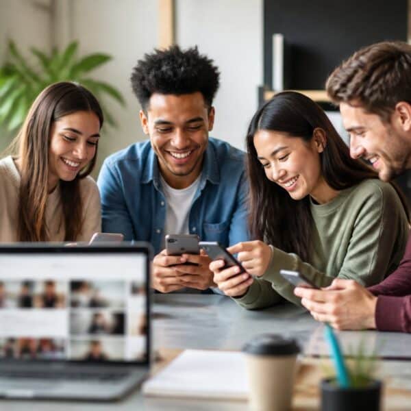 Grupo de jovens usando smartphones em um ambiente de trabalho moderno, interagindo e sorrindo enquanto exploram conteúdo em redes sociais.