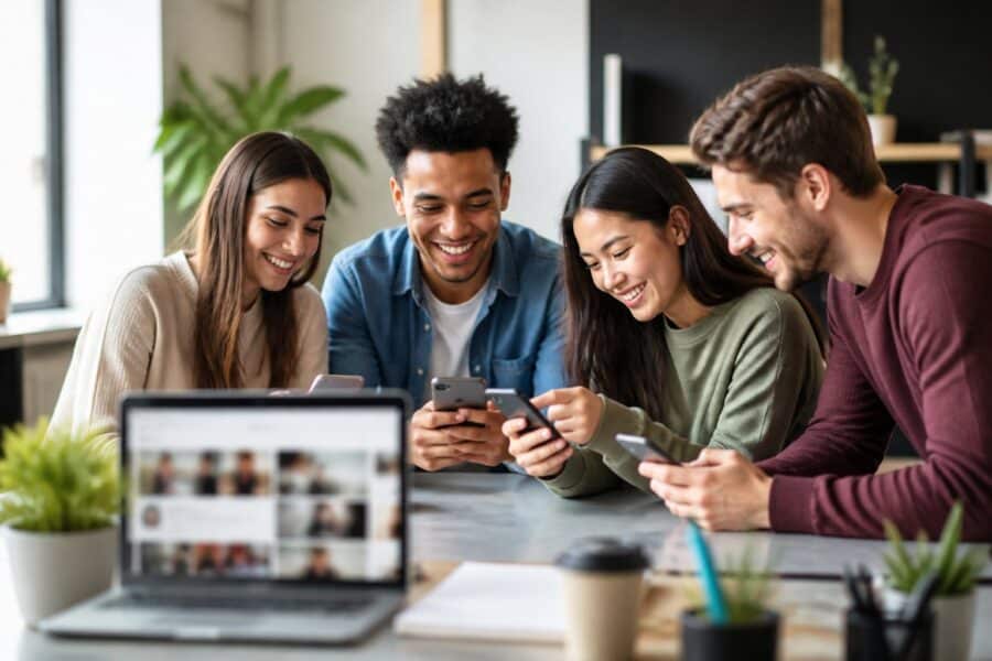Grupo de jovens usando smartphones em um ambiente de trabalho moderno, interagindo e sorrindo enquanto exploram conteúdo em redes sociais.