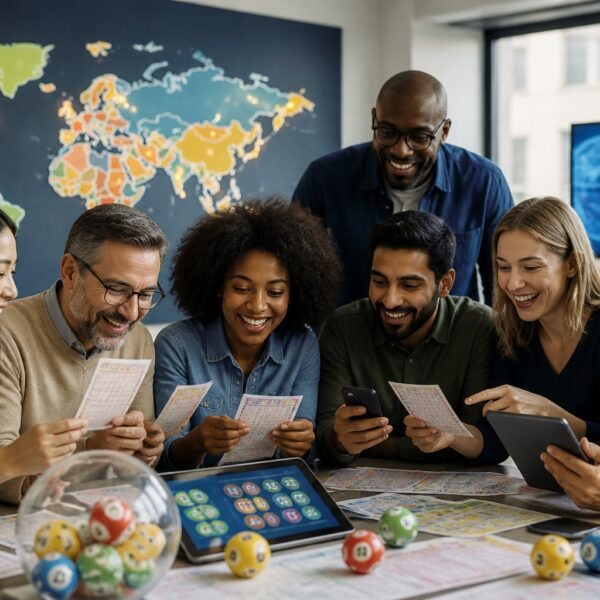Grupo diversificado de pessoas em um escritório moderno olhando para bilhetes de loteria com um mapa-múndi iluminado ao fundo mostrando vários países.