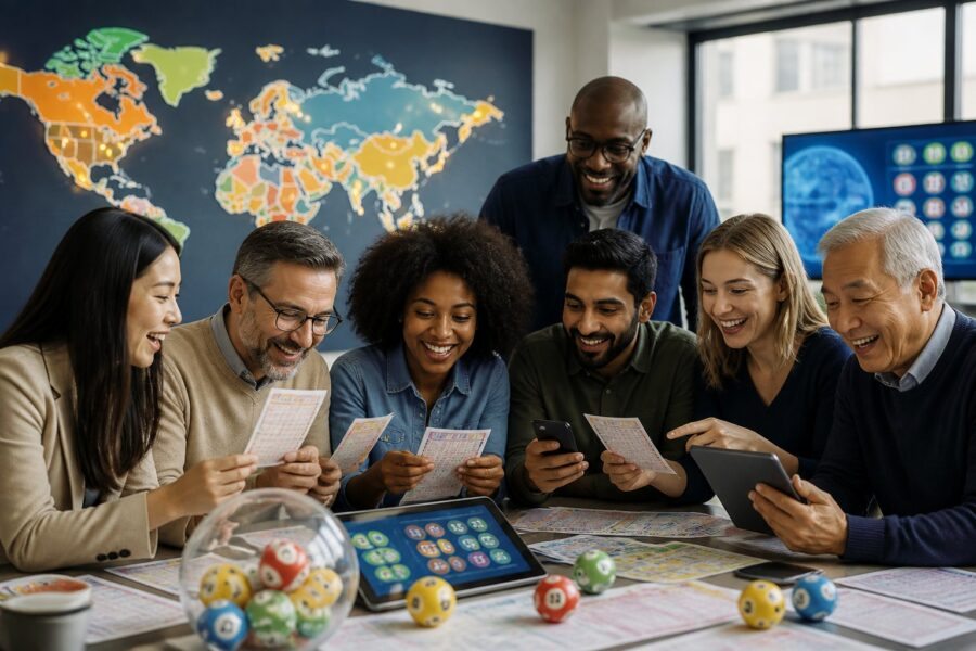 Grupo diversificado de pessoas em um escritório moderno olhando para bilhetes de loteria com um mapa-múndi iluminado ao fundo mostrando vários países.